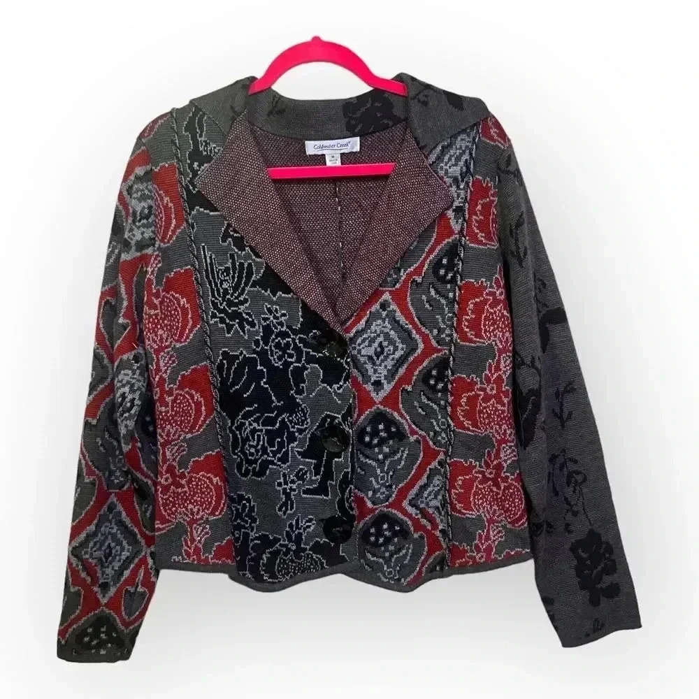Coldwater Creek‎ Womens Red Gray Floral Fairisle Wool Button Sweater Sz M